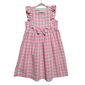 Bonnie Jean‎ Girls Size 6 Flutter Sleeve Seersucker Pink White Dress Bow Ruffle